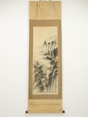 松年筆　山水　肉筆絹本掛軸（箱付）